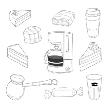 Set of vector coffee glasses and coffee makers, cakes and sweets. Linear illustration for coloring. Anti-stress hobby.