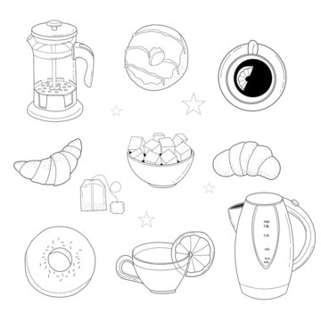 Set of vector teapots, donuts and croissants. Linear illustration for coloring. Anti-stress hobby.
