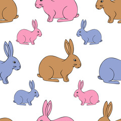 Easter Bunny. Multicolored hares. Seamless vector pattern. Eared pet. Cartoon style. Repeating children's ornament. Isolated colorless background. Happy Easter. Idea for web design, packaging