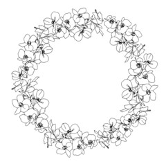 Blue poppies flower wreath in lineart style.Hand painted floral round frame for cards design, invitations, symbol of Remembrance day, Memorial day.