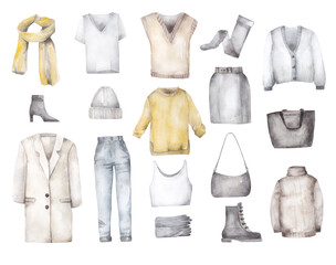 Watercolor fashion style set. Hand-painted fashion items: coat, jeans, hat, bag, boots, jacket, skirt, scarf, top. Collection of spring and autumn clothes