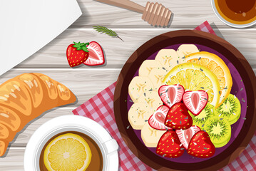 Top view Acai food bowl and placemat on wood table