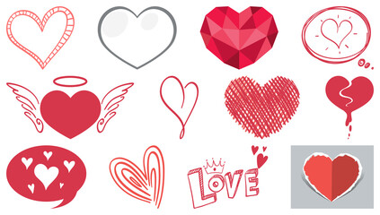 Different style of hearts isolated on white background