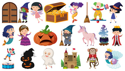 Set of fantasy cartoon characters and elements