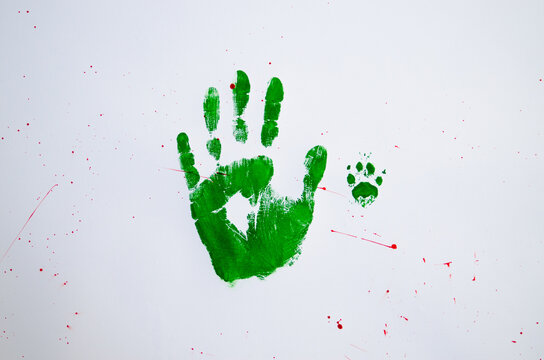No war text with handprint and dog's paw print on white background,soft focus. Green handprint of human and dog's paw print with red drops