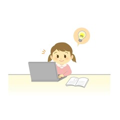 イラスト素材:ノートパソコンでオンライン授業を受ける笑顔の小学生（女の子/ポジティブ）
