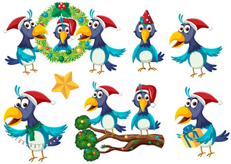 Fototapeta premium Set of birds wearing christmas hat