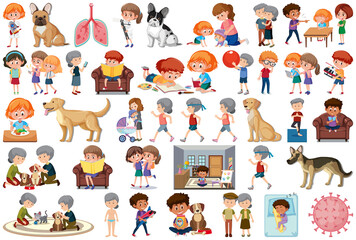 Set of different activities people and dogs