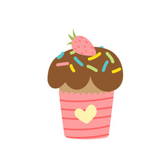 Easter cake with chocolate glaze, sprinkle, strawberry. Cupcake with heart. Flat. Isolated