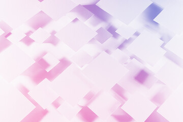 Very peri and pink geometric pattern with shining flying squares with soft light gradient shadows as random pattern, top view. Simple contemporary abstract background in trendy color and future style.