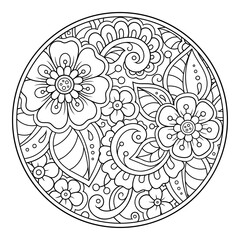 Outline round flower pattern in mehndi style for coloring book page. Antistress for adults and children. Doodle ornament in black and white. Hand draw vector illustration.