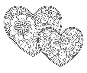 Mehndi flower pattern in form of heart for Henna drawing and tattoo. Decoration in ethnic oriental, Indian style. Valentine's day greetings. Coloring book page.