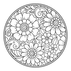 Outline round flower pattern in mehndi style for coloring book page. Antistress for adults and children. Doodle ornament in black and white. Hand draw vector illustration.