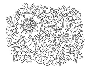 Outline floral pattern in mehndi style for coloring book page. Antistress for adults and children. Doodle ornament in black and white. Hand draw vector illustration.
