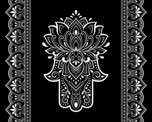 Seamless borders pattern with Mehndi flower and Hamsa for Henna drawing and tattoo. Decoration in ethnic oriental, Indian style. Doodle ornament. Outline hand draw vector illustration.