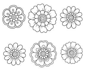 Fototapeta na wymiar Set of Mehndi flower pattern for Henna drawing and tattoo. Decoration in ethnic oriental, Indian style. Doodle ornament. Outline hand draw vector illustration.