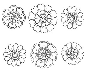 Set of Mehndi flower pattern for Henna drawing and tattoo. Decoration in ethnic oriental, Indian style. Doodle ornament. Outline hand draw vector illustration.