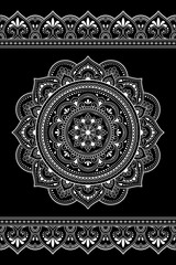 Set of mandala pattern and seamless border for Henna drawing and tattoo. Decoration in ethnic oriental mehndi, Indian style. Doodle ornament in black and white. Hand draw vector illustration.