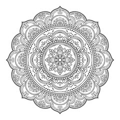 Circular pattern in form of mandala with flower for Henna, Mehndi, tattoo, decoration. Decorative ornament in ethnic oriental style. Outline doodle hand draw vector illustration.