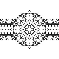 Seamless borders with mandala for design, application of henna, Mehndi and tattoo. Decorative pattern in ethnic oriental, Indian style. Doodle ornament. Outline hand draw vector illustration.