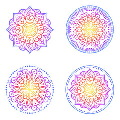 Set of circular pattern in form of mandala with flower for Henna, Mehndi, decoration. Decorative ornament in ethnic oriental style. Rainbow design on white background. Vector illustration.