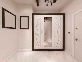 home hallway, empty room with windows,  blank frames and cabinet, Hallway corridor in bright white colors with doors and built-in true niche with shelves and decor