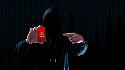 Cyber security hacker smartphone. Internet web hack technology. Digital mobile phone in hacker man...