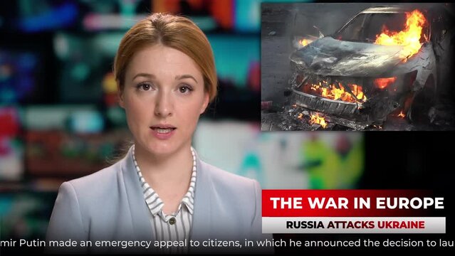 TV studio fenews male anchor presenter talking shocking breaking news about Russia's attack on Ukraine