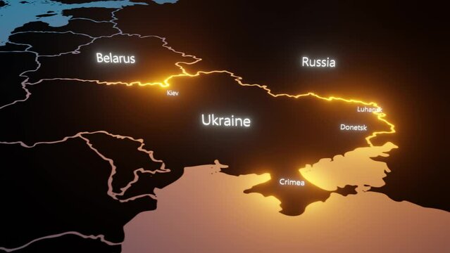 Russia invades Ukraine map. 3D render animation.
