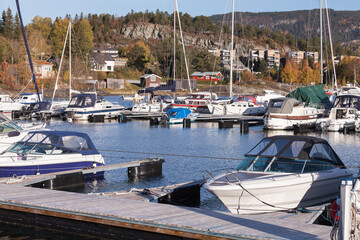 Harbor view with moored yachts. Stjordal, Norway