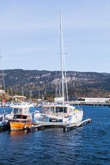 Fototapeta na wymiar Sailing and motor boats are moored in Norwegian harbor