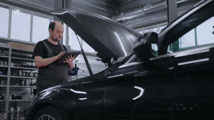Auto mechanic working with car diagnostic tool in a repair shop. Car Service Manager or Mechanic Uses a Tablet Computer with a Futuristic Interactive Diagnostics Software.