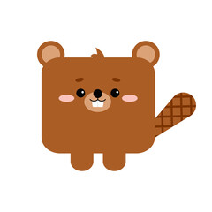 Square beaver forest animal face with tail icon isolated on white background. Cute cartoon square shape kawaii rodent kid avatar character. Vector flat clip art illustration mobile ui game application - obrazy, fototapety, plakaty