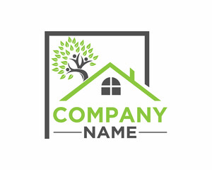 House Care Logo. Tree with a Home Design Real Estate Vector Icon Template.