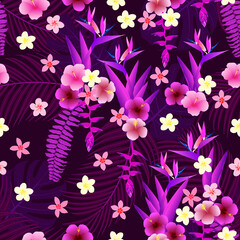 exotic flowers seamless pattern. pink purple tropical floral pattern. plumeria, frangipani, hibiscus, bird of paradise, palm tree. good for dress, fabric, textile, wallpaper, background, etc.