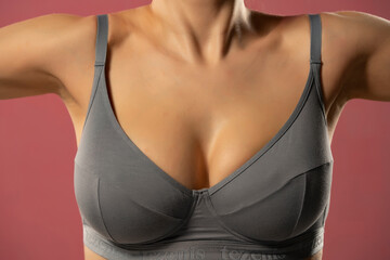 Large and beautiful women breasts in gray bra