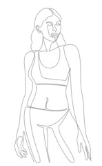 One line drawing of beautiful sportswoman in gym suit. Line art of young fitness woman standing.