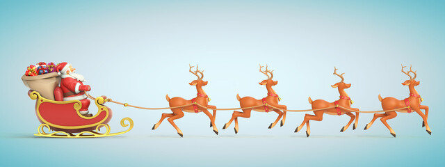 Obraz na płótnie Canvas Santa Claus rides reindeer sleigh on Christmas 3d rendering
