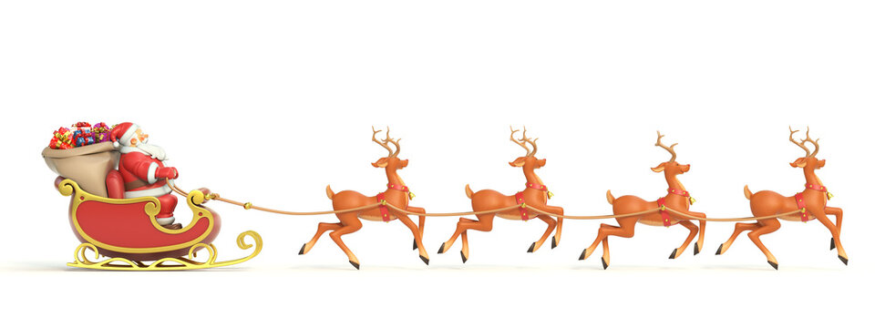 Santa Claus rides reindeer sleigh on Christmas side view 3d rendering
