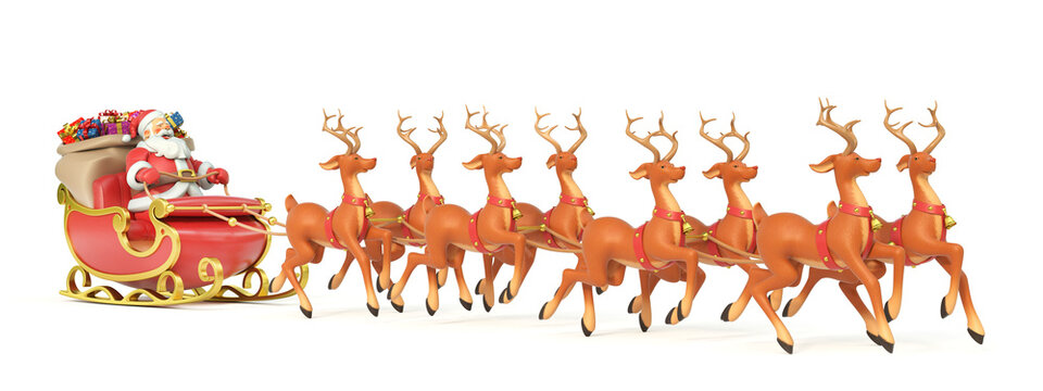 Santa Claus rides reindeer sleigh on Christmas 3d rendering
