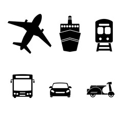 Public Transportation Icons. Airplane, Public bus, Train, motorcycle, Ship/Ferry and auto signs. Shipping delivery symbol. Vector Illustration