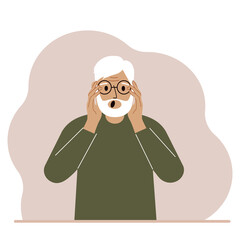 The unhappy grandfather screams, clutching his head with his hands. Emotions and body language concept. Stress, tension and migraine concept.
