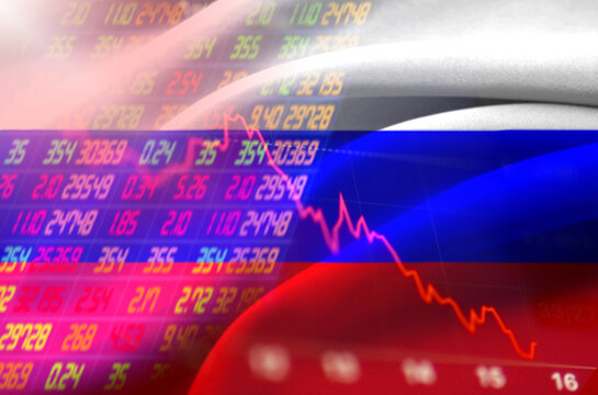 Stock exchange market business concept with selective focus effect. Display of Stock market quotes. Red numbers Downtrend line graph with Russian flag. - Powered by Adobe