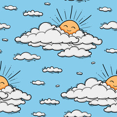 Cute cloud and sun seamless pattern vector background. Smiling sun kids illustration isolated on blue sky. Summer background. Funny design for kids and baby clothing.