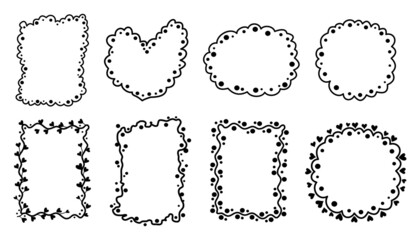 Set of cute hand drawn frames for text. Vector hand drawn frames of various shapes for design. Wedding frames, templates for Valentine's day. Simple frames with hearts, airy, wavy.
