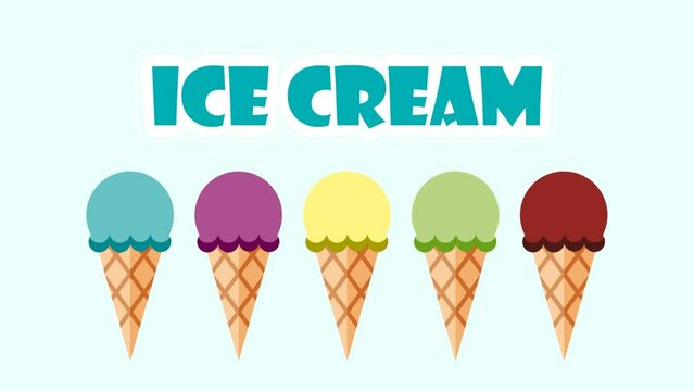 Ice cream balls falling onto a cone shaped waffle. Video for presentation. Loop Animated illustration