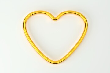 Top view of golden metal heart in the shape of a ring on white floor with copy space, 3d rendering