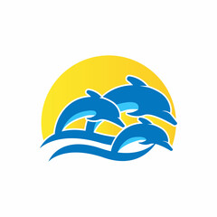 Dolpins jump water logo and symbol with sunset