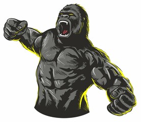 Vintage, comic book style roaring gorilla. Vector illustration. Isolated on white background. - obrazy, fototapety, plakaty
