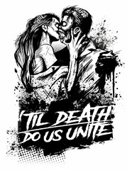 Comic book style kissing zombie couple with blood stains on background. Zombie black and white love illustration.